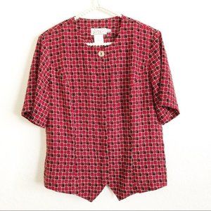 Vintage Kathy Che Red Geometric Button Down Short Sleeve Blouse Size 12
